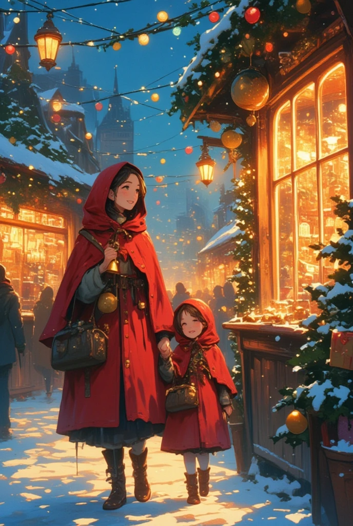 Animation, theme "red cloak and bells", mother and daughter window shopping in a crowded Christmas market, mother and daughter holding hands, daughter is still a  wearing a red cloak and has a cute smile, mother has a golden bell in one hand, snowy city market, warm lighting, image of a German Christmas market, surrealism, 8K quality, painterly