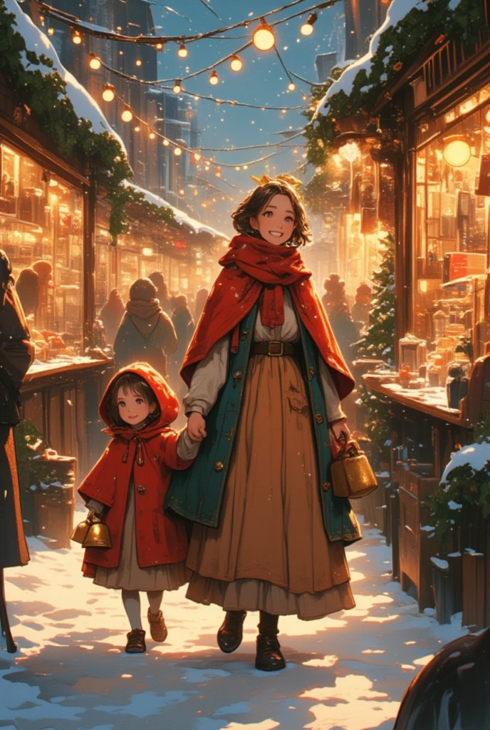 Animation, theme "red cloak and bells", mother and daughter window shopping in a crowded Christmas market, mother and daughter holding hands, daughter is still a  wearing a red cloak and has a cute smile, mother has a golden bell in one hand, snowy city market, warm lighting, image of a German Christmas market, surrealism, 8K quality, painterly