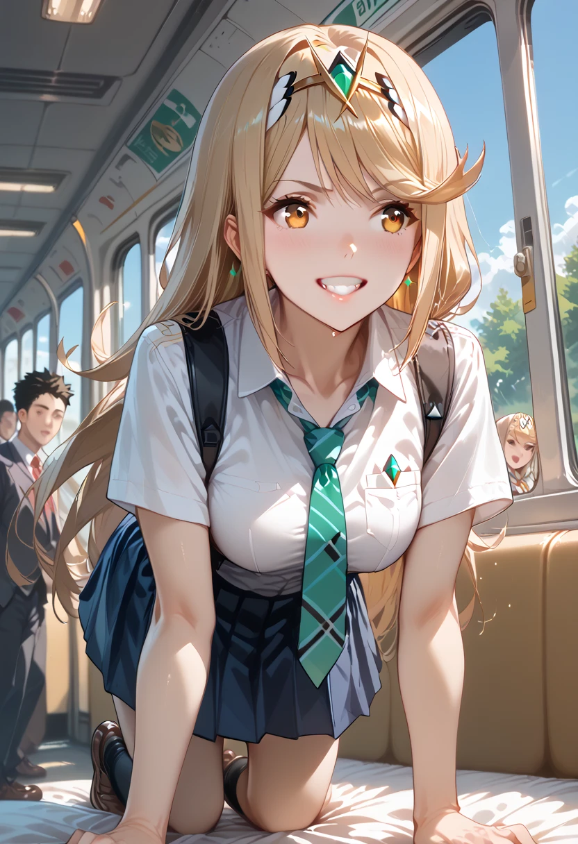 higtres,best quality, masterpiece,1girl,smile,cute face:1.4,school lady at the train,smile,teeth,
school uniform,short sleeve,(drak blue skirt),white panties,
(all fours),leaning forward and arched back,Panty shot from skirt,put hand on the window,
window,scenery outside the window background,(looking to the side:1.4), mythra \(xenoblade\), 1girl, yellow eyes, swept bangs, long hair, very long hair, blonde hair