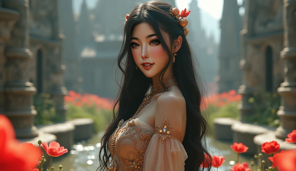 A woman embodying the duality of Persephone, queen of the underworld and maiden of spring, wearing a gown transitioning between darkness and luminescence, surrounded by flowers and astrological symbols in a field of poppies.