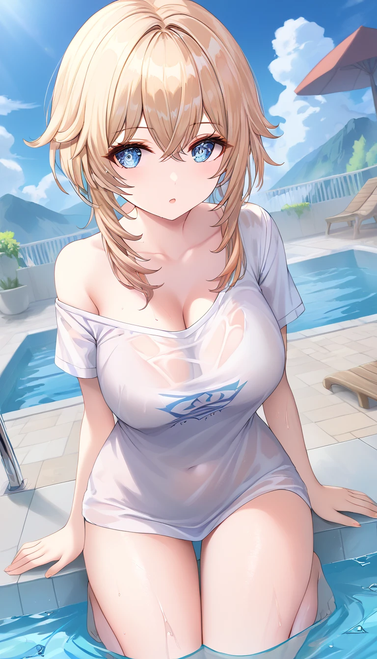 the light (genshin impact),  and is wearing a  ( Shoulder length ), Blue eyes and big breasts.  She's wearing a white t-shirt , Round neck, Long Fit、Short sleeve,  no bra,  she also has 、 unicolor black cotton miniskirt that realistically creates a blond young woman. She climbs out of the pool,  Soaking. The t-shirt clings to her body and is a little transparent.  full body ,  Wide angle shot .  