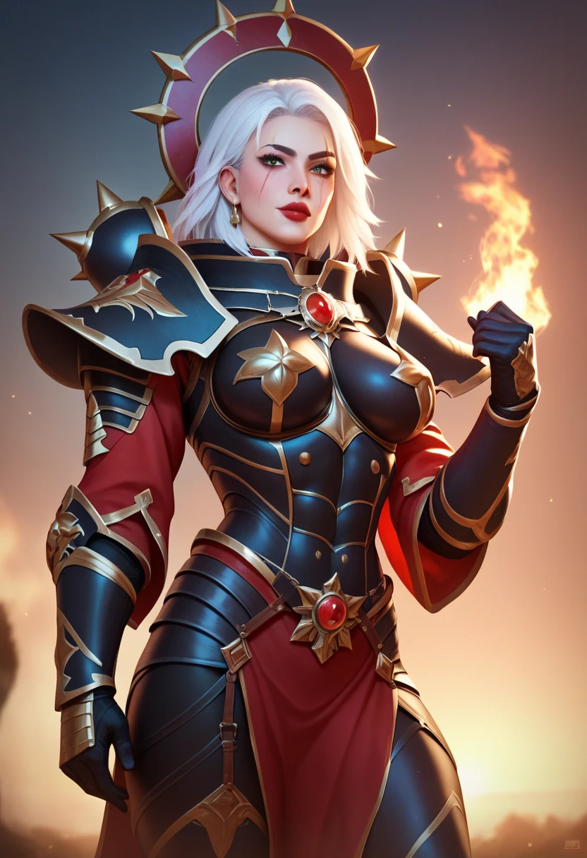 (4k, Best quality , highres), ( masterpiece:), Sororitas, anime style, 1 girl, perfectly sculpted body , detailed body, perfectly formed face, (scar face), (tough face), detailed face , big woman, detailed eyes, Detailed lips , (red lips), light skin, The woman has a mole below her mouth, different expressions, (different hairstyles), (white hair), (different armors), (Full armor), intense look, different poses, vibrant colors, arte digital, High resolution, muscle arms , muscular abdomen, muscular legs, (greenish lighting),