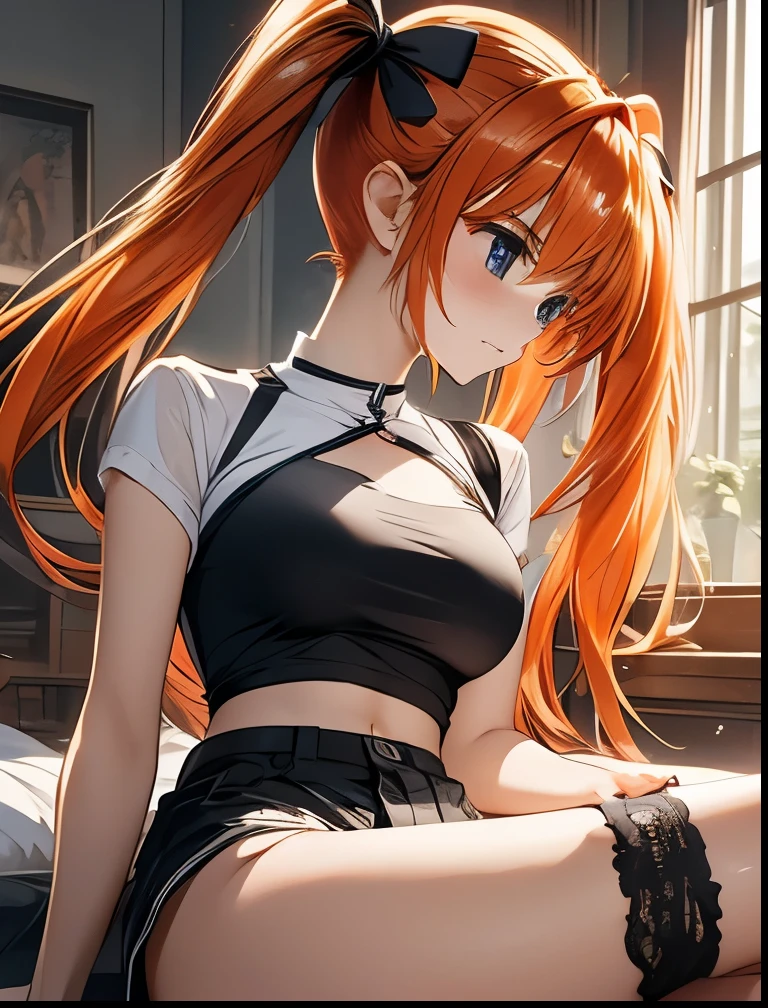 （（（ＳＦＷ、Precision、Highest quality、A first-class masterpiece、Normal body、8k、  Detailed Face 、Ultra-precision、 Normal hand、５refer to、Highest）））、"Magical Girl Lyrical Nanoh"、Tiana Lanster、Orange Hair、 twin tails、、Big Breasts、 Magical Girl、A red and black shirt torn from side to side and left to the chest、 ripped white jacket 、 ripped and miserable black shorts 、white side skirt、Underwear underwear exposed 、Half naked、fall down、Open Legs Embarrassing Pose 、Regret and Embarrassment Blush 、ruins