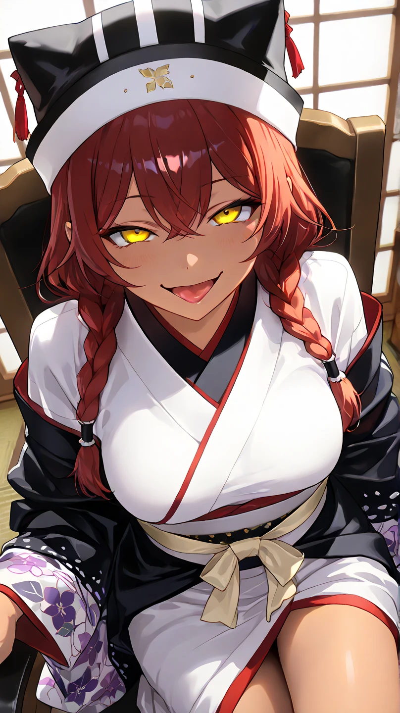 ,  High Quality , 最 High Quality , masterpiece,  high res, detailed face , anatomically correct , 
 yellow eyes,  red hair,  braids,,  wearing a black beast ear hat , One girl , solo, Dark Skin, brown skin, adult woman, Beautiful Women,Beauty,
Inside a Japanese house(Japanese-style room),
samurai, white kimono on top (Cloud pattern kimono ),samuraiの女性,
 sits on a chair,
 close-up, from your hand and direct your gaze, Medium build,accurate, slightly larger breasts,
smile, ecstatic expression beside the piano,excited, tongue, open her mouth ,mischievous personality , seductive smile ,Her eyes are frowning ,Up to the thighs,Draw her in a larger size,Crazy look, mischievous face , teasing viewers who are staring at me
high angle,angle from above
, frowns, staring with thin eyelids,Eyes on garbage, contemptuous eyes ,  smirking,
