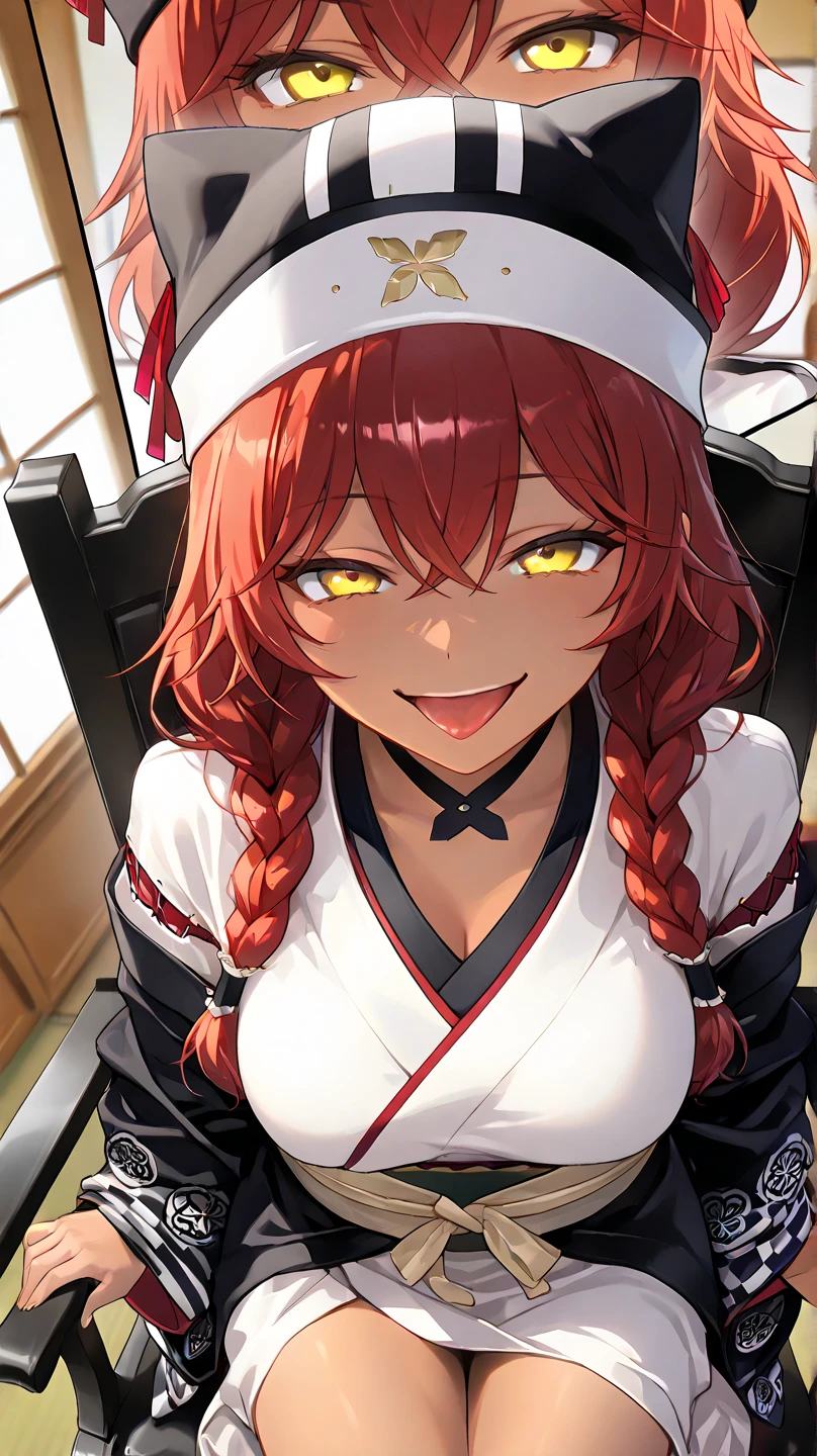 ,  High Quality , 最 High Quality , masterpiece,  high res, detailed face , anatomically correct , 
 yellow eyes,  red hair,  braids,,  wearing a black beast ear hat , One girl , solo, Dark Skin, brown skin, adult woman, Beautiful Women,Beauty,
Inside a Japanese house(Japanese-style room),
samurai, white kimono on top (Cloud pattern kimono ),samuraiの女性,
 sits on a chair,
 close-up, from your hand and direct your gaze, Medium build,accurate, slightly larger breasts,
smile, ecstatic expression beside the piano,excited, tongue, open her mouth ,mischievous personality , seductive smile ,Her eyes are frowning ,Up to the thighs,Draw her in a larger size,Crazy look, mischievous face , teasing viewers who are staring at me
high angle,angle from above
, frowns, staring with thin eyelids,Eyes on garbage, contemptuous eyes ,  smirking,
