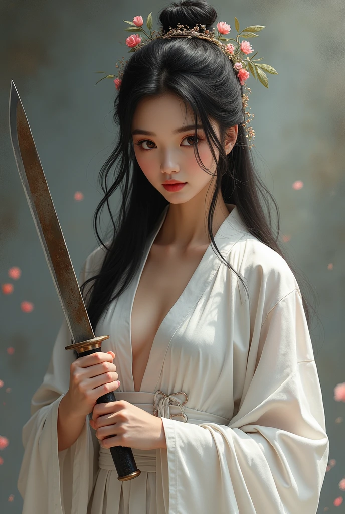 Girl with sword,Simple lines,nude,Big ,Soft and lazy,Holding a red long sword,