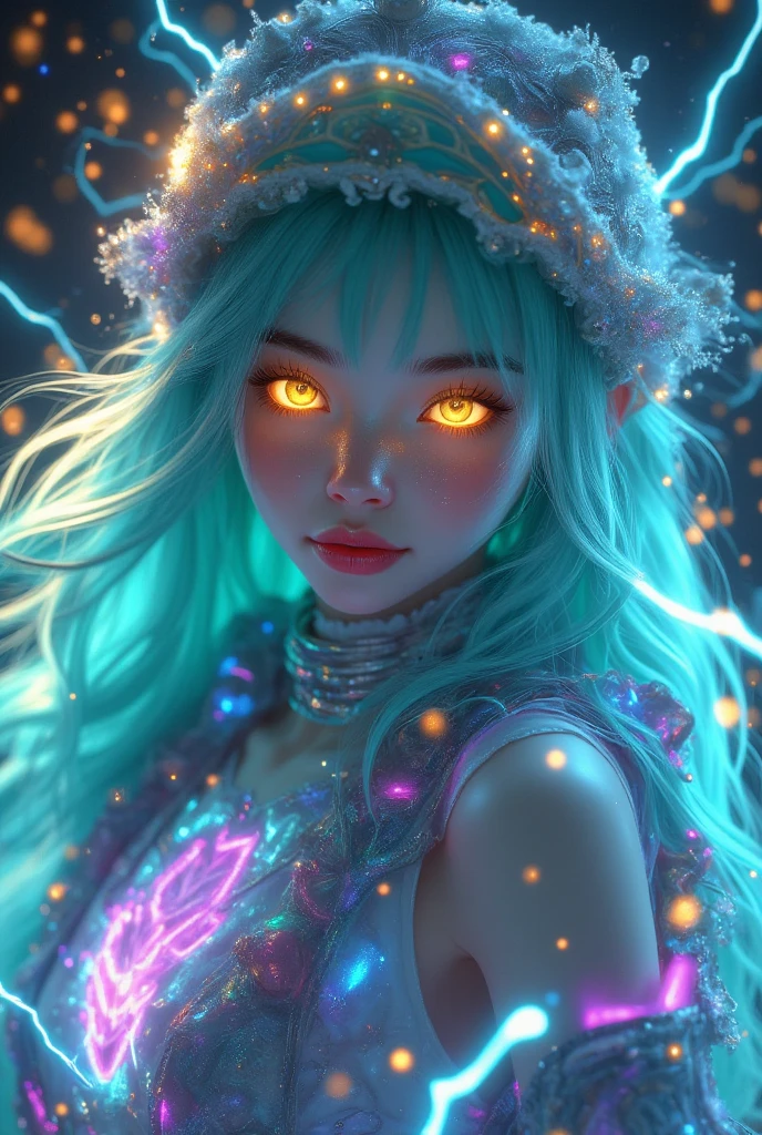 a photorealistic girl who can use lightning magic with spreading smooth super long layered sea blue-green translucent hair, and neon glowing yellow flashy eyes  , medium sized breasts, there are ultra defined rainbowlucent lightning strikes in the background with a cinematic lighting,she is wearing street dancing multicolored  clothes with an exotic glowing cap  ,  there is an energetic look on her face and a cute smile on her face, standing in a mesmerizing pose, , ecstatic neckline and jawline,(pale white skin with redness) , ( aura emenating around her),solo leveling manhwa art style,highly defined and high resolution 8k