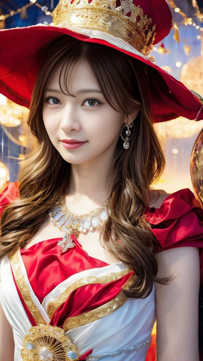 witch woman，conservative attire，with a huge hat，Red crane，Wearing a Red, gold and white princess dress，Upper body close-up，Close-up photos，jewelry，Visions of heaven and earth，Magic crystal ball，The background is the Milky Way，solar system,長い髪, キラキラエフェクト, ゴッドレイ, 