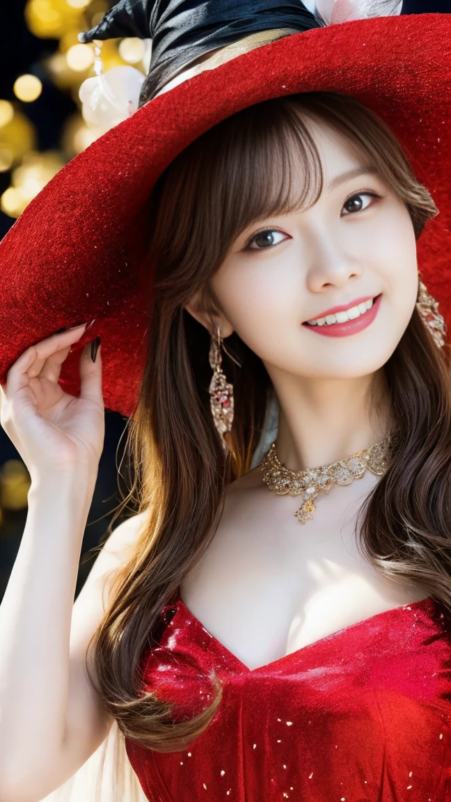 witch woman，conservative attire，with a huge hat，Red crane，Wearing a Red, gold and white princess dress，Upper body close-up，Close-up photos，jewelry，Visions of heaven and earth，Magic crystal ball，The background is the Milky Way，solar system,長い髪, キラキラエフェクト, ゴッドレイ, 