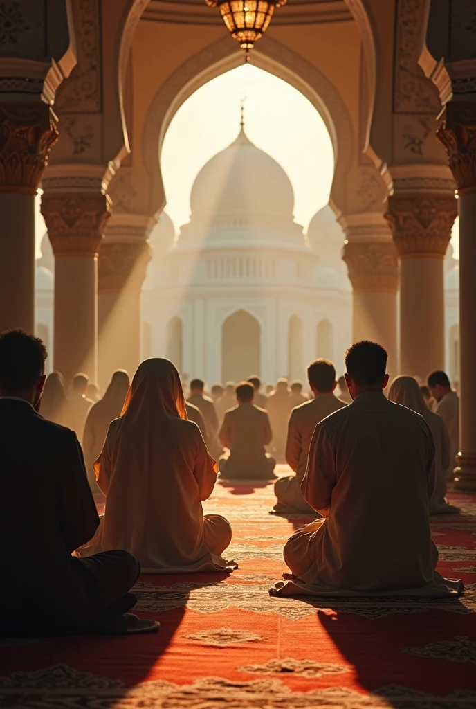 Create an image centered around the theme "What Makes Us Pray" in Islam. The image should depict a serene and spiritual atmosphere, highlighting the elements that inspire Muslims to pray. In the foreground, show a diverse group of people in various stages of Salah (Islamic prayer) with peaceful expressions, symbolizing devotion. Include a mosque in the background with soft, golden light filtering through its arches, suggesting a divine presence. Around the image, incorporate subtle motifs like a prayer mat, a Quran, and crescent moons, blending into the design to represent Islamic spirituality. The overall mood should be tranquil, inspiring, and reflective, using warm tones and a balanced composition.
Also mention the title in that image