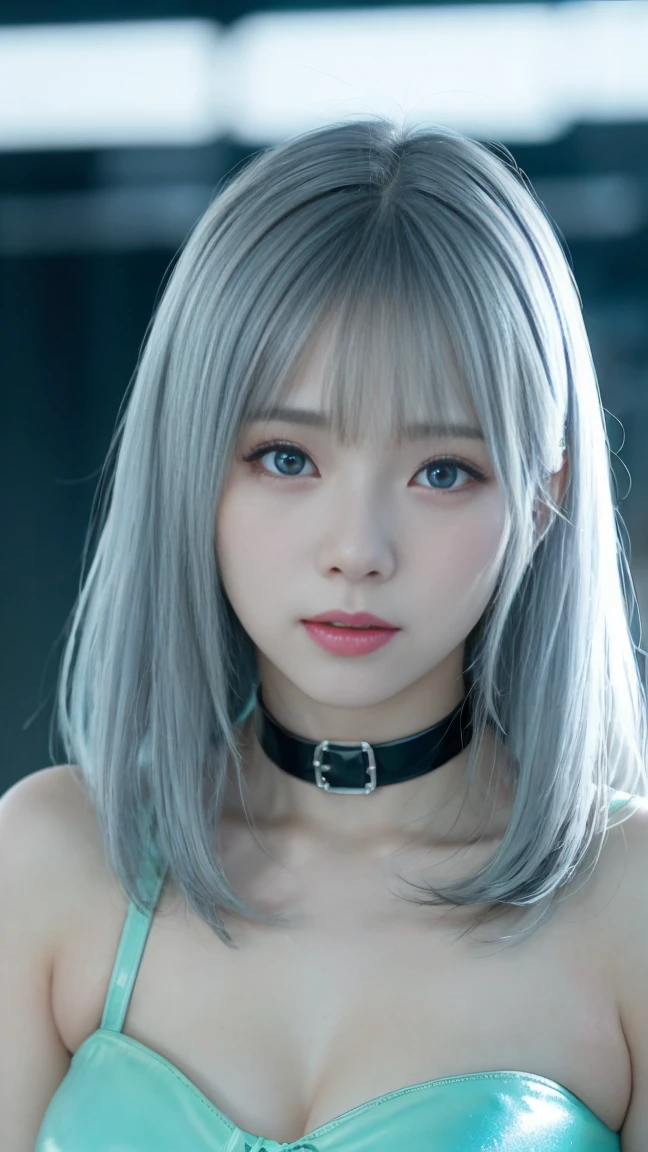 highest quality、8K masterpiece、超A high resolution、(Photoreal:1.3)、Raw photo、1 girl、silvery hair、glowing skin、1 Cyberpunk Super Beautiful Soldier、((Ultra realistic details))、Portrait、global illumination、Shadow、octane rendering、8K、super sharp、、、Metal、cold color、、very intricate details、realistic light、CGSoation trend beautiful eyes、Eyes shining towards the camera、neon details、 girl、Shining turquoise eyes、、turned into slime、flat body、choker