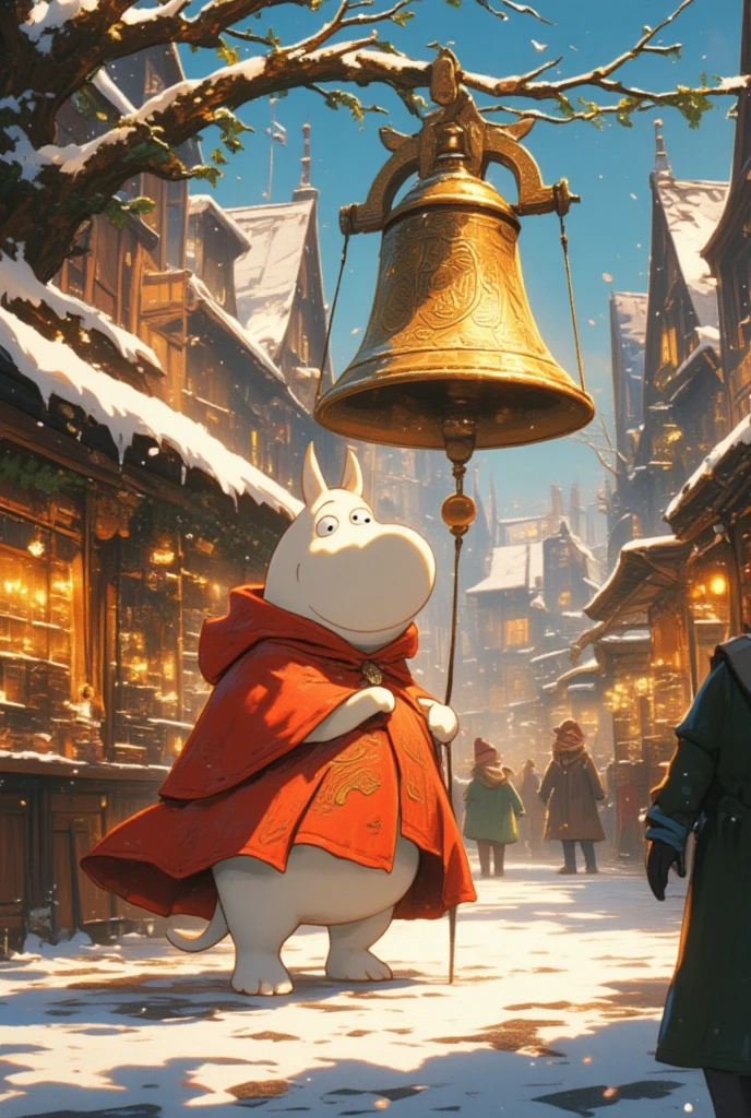 Animation, theme "red cloak and bells", a bustling town market at Christmas, Moomin Troll wearing a red cloak, a big golden bell hanging in the middle of the market square, Moomin Troll pulling the string to ring the bell, a snow-covered town market, warm lighting, image of a German Christmas market, surrealism, 8K quality, picturesque