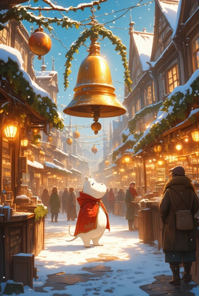 Animation, theme "red cloak and bells", a bustling town market at Christmas, Moomin Troll wearing a red cloak, a big golden bell hanging in the middle of the market square, Moomin Troll pulling the string to ring the bell, a snow-covered town market, warm lighting, image of a German Christmas market, surrealism, 8K quality, picturesque