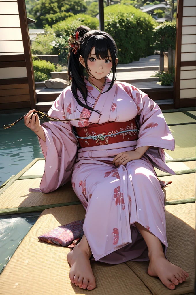 anime girl in a kimono outfit sitting on a dock, hinata hyuga, nezuko-chan, nezuko, shikamimi, japanese goddess, thicc, ayaka genshin impact, kunoichi, hinata hyuga from naruto, demon slayer rui fanart, anime woman, katanas strapped to her back, beautiful alluring anime woman