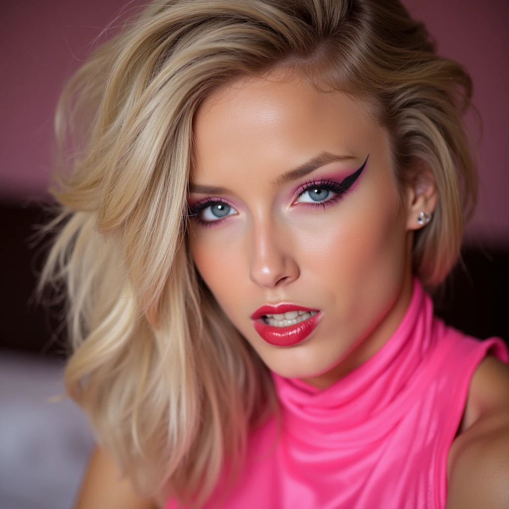 close up portrait of girl, blonde hair , red lip gloss, pink latex outfit, in bedroom, eyeliner flicks, pink eye shadow