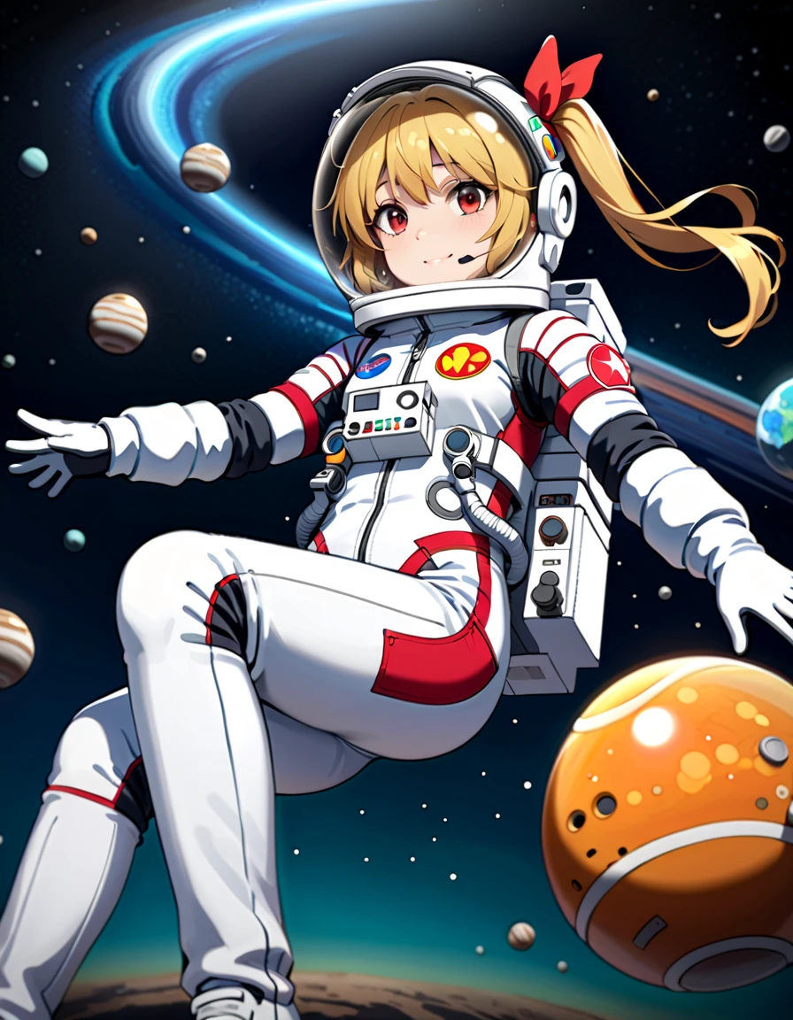 (Space suit:1.15),   White Sweatpants   , astronaut)bubble helmet, space helmet, Gloves ,  looking closely at you   , Outer Space, floating, masterpiece,   Top quality  , 1girl, beautiful,  solo   ,flanN  ,   Flanders Scarlet, change, Small, Slim, child,young,younger female, ( Blonde Hair:1.2),   Side ponytail  , red eyes, hair bow,   Red Bow,  hair between the eyes,   Longitudinal pupil  , white tiara,difficulty breathing, Smile, wave, whole body