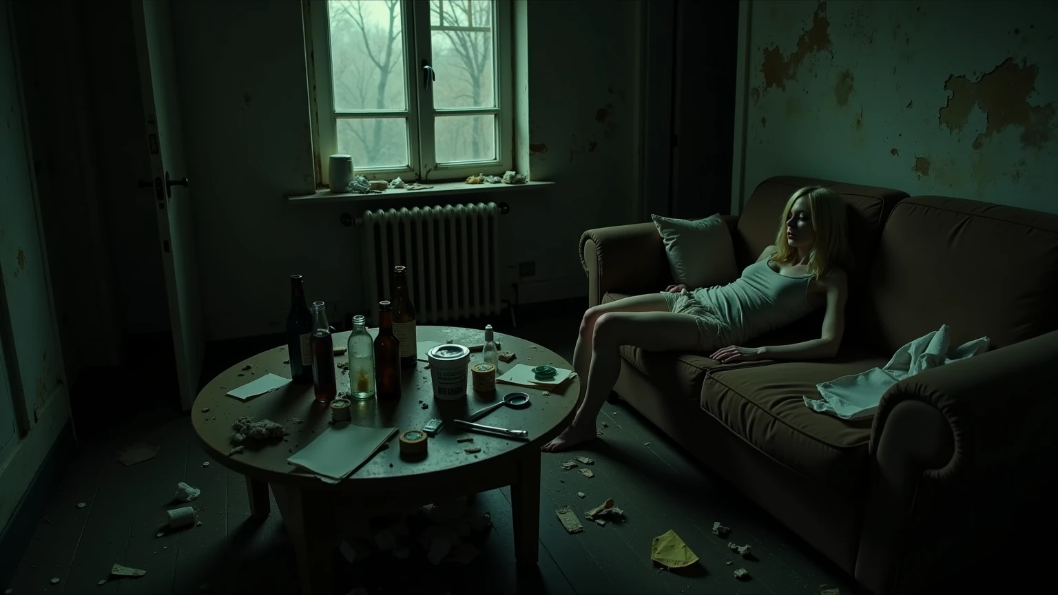 In a dimly lit, squalid apartment, a frail, unconscious young blonde woman resembling Emma Stone lies sprawled on a stained, threadbare sofa. Nearby, a cluttered table overflows with bottles, crumpled papers, pipes, snack wrappers, and scattered trash. The room is littered with drug paraphernalia, burnt spoons, and empty pill bottles, while overflowing ashtrays add to the chaos. Dim fluorescent lights flicker, casting unsettling shadows on the peeling wallpaper and grime-covered windows, amplifying the despair and neglect in the scene