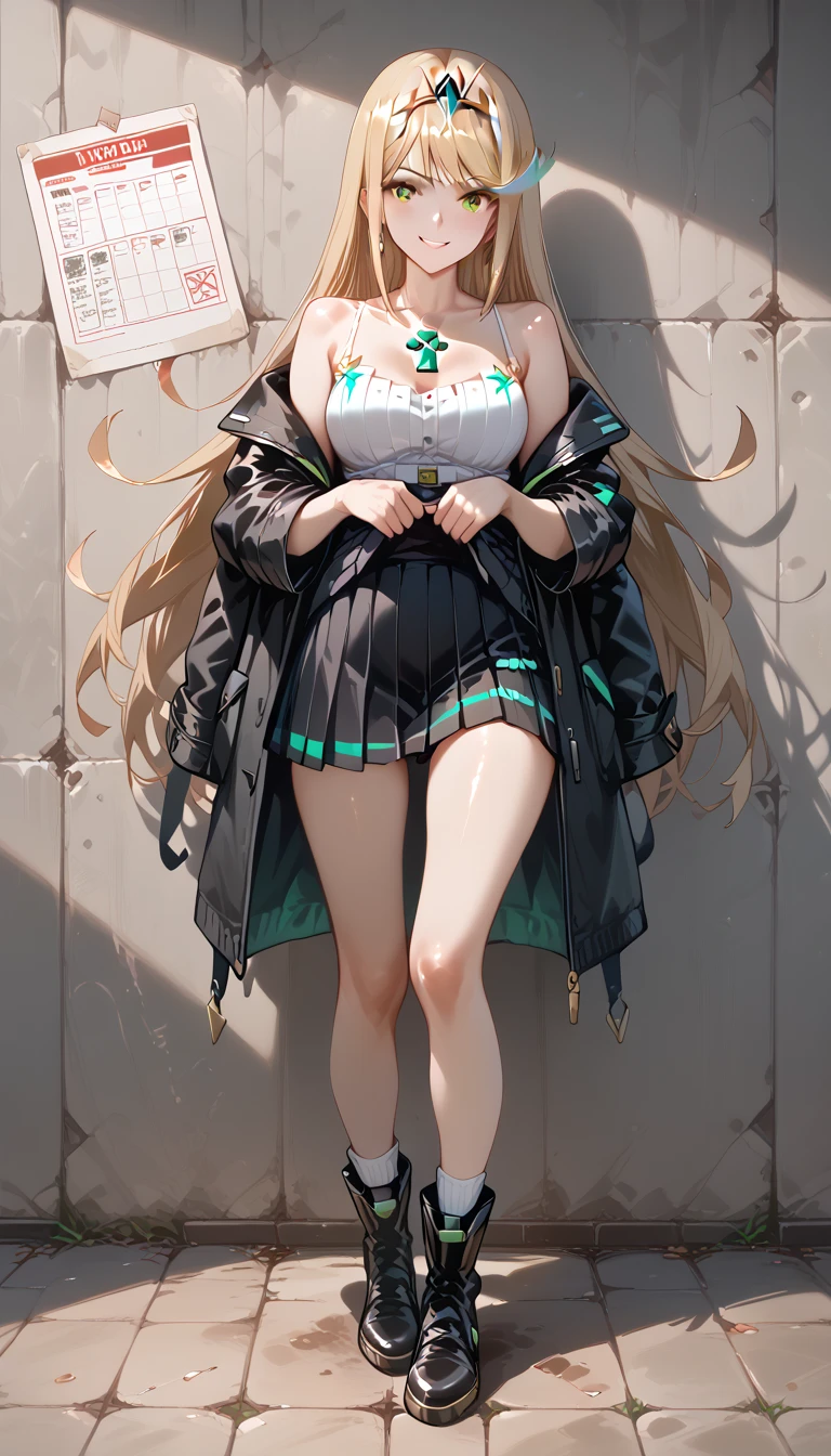 highres,best quality,1girl,japanese face,smile,Camisole with ruffled hem and mini skirt,black coat,duffel coat,short socks,thin thighs,boots,blunt bangs,long hair,
wall background,full body,
covering eyes,skirtlift, mythra \(xenoblade\), 1girl, yellow eyes, swept bangs, long hair, very long hair, blonde hair