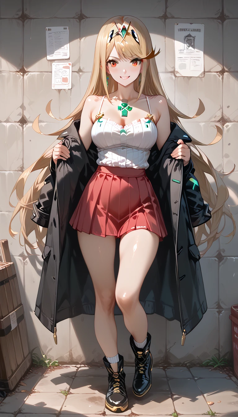 highres,best quality,1girl,japanese face,smile,Camisole with ruffled hem and mini skirt,black coat,duffel coat,short socks,thin thighs,boots,blunt bangs,long hair,
wall background,full body,
covering eyes,skirtlift, mythra \(xenoblade\), 1girl, yellow eyes, swept bangs, long hair, very long hair, blonde hair