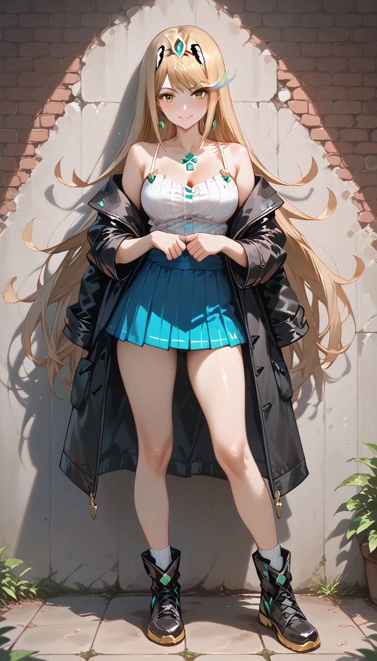 highres,best quality,1girl,japanese face,smile,Camisole with ruffled hem and mini skirt,black coat,duffel coat,short socks,thin thighs,boots,blunt bangs,long hair,
wall background,full body,
covering eyes,skirtlift, mythra \(xenoblade\), 1girl, yellow eyes, swept bangs, long hair, very long hair, blonde hair