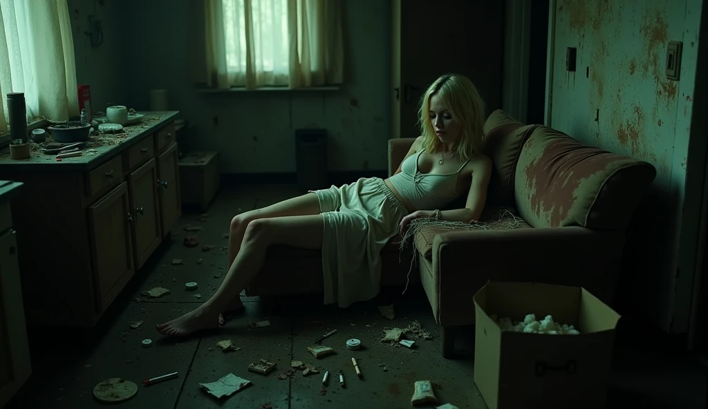 In a dimly lit, squalid apartment filled with drug paraphernalia, a frail, unconscious young blonde woman resembling Emma Stone lies sprawled on a stained, threadbare sofa. The room is cluttered with discarded needles, burnt spoons, and empty pill bottles, while overflowing ashtrays and fast-food wrappers litter the floor. Flickering fluorescent lights cast eerie shadows, highlighting the peeling wallpaper and grime-covered windows, emphasizing the despair and neglect that pervade the scene