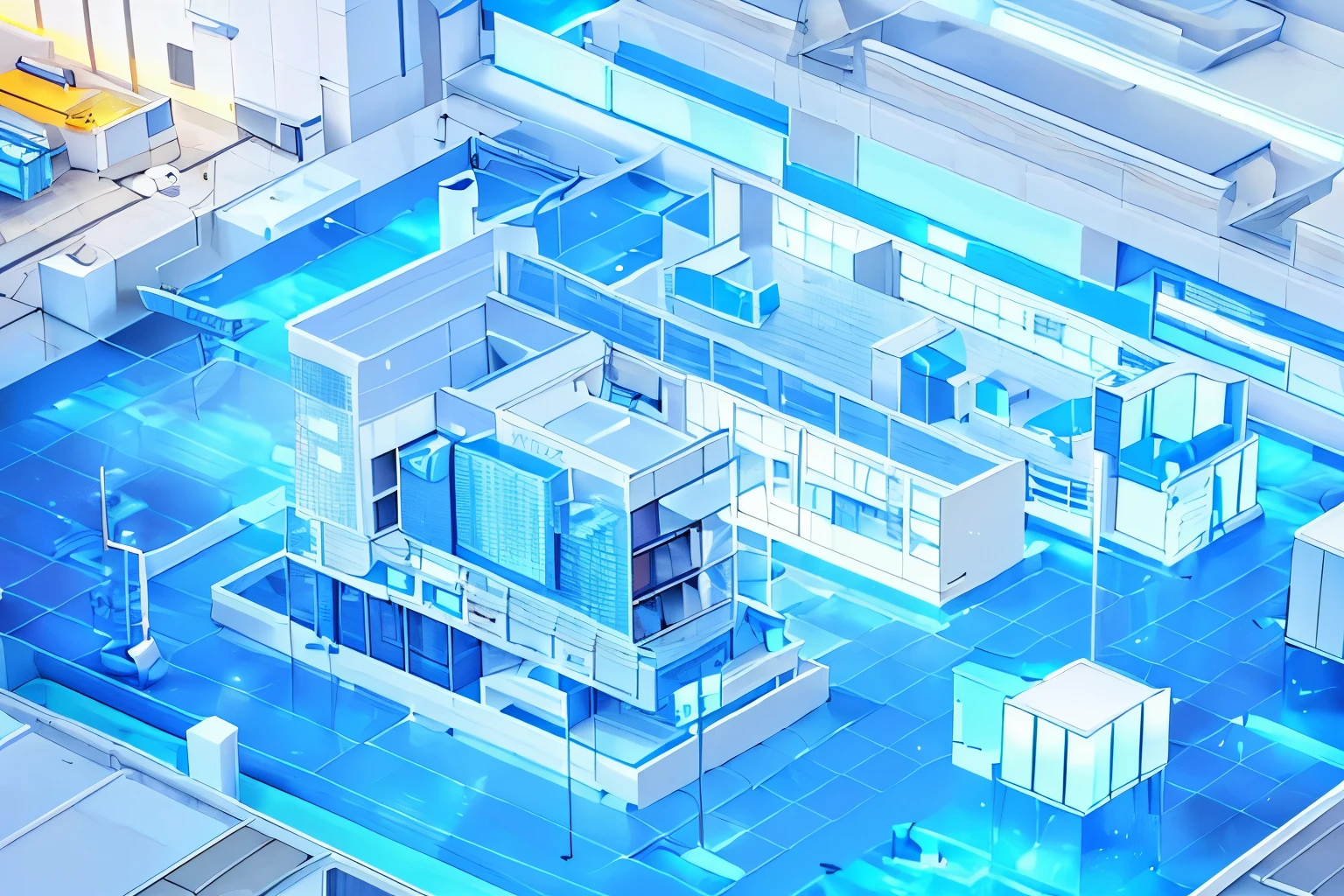 Power plant in operation. Office, workers, industrial scene, isometric floor, HD 4K clear frosted glass, light yellow and a bit of blue, cream background, Microsoft design style, rendered in cinema4d, high resolution, focus stacked to show details.
