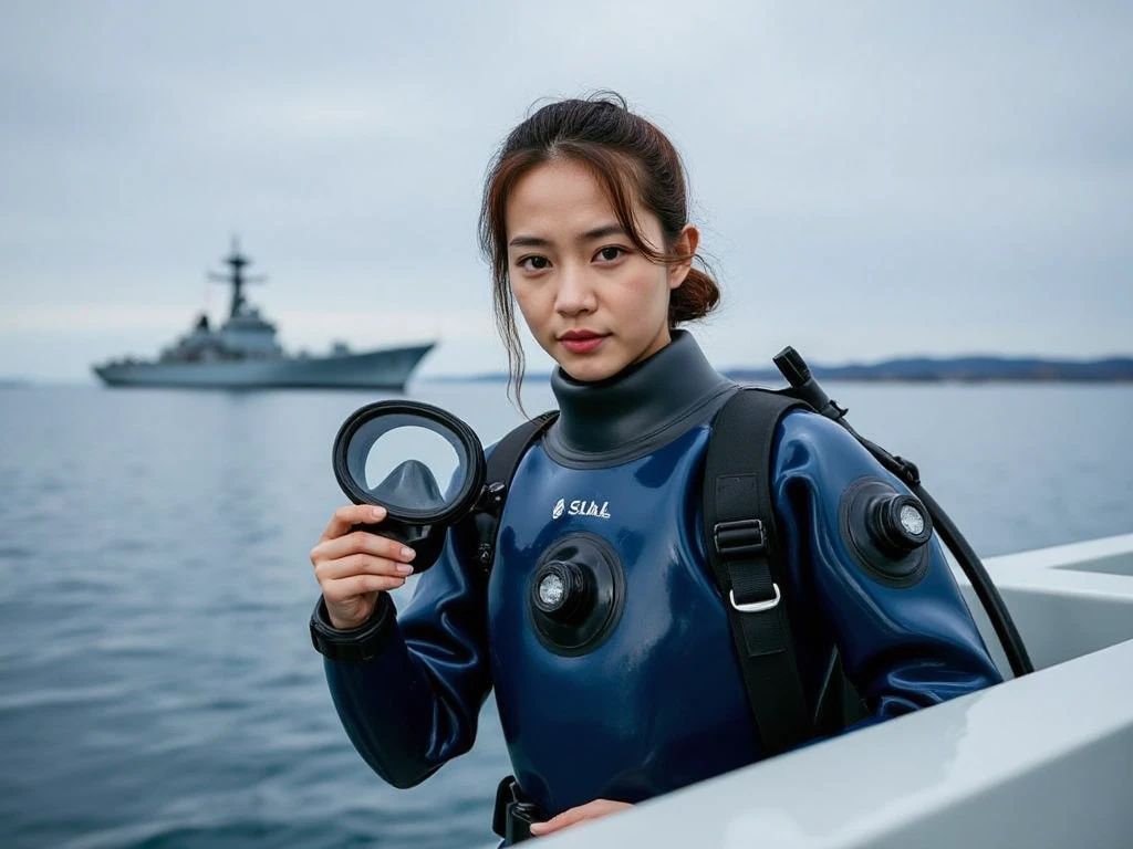 A documentary photo, Photo-realistic, ultra-realistic, (Japanese beautiful young woman, famous Japanese idol, boyish cool face:1.3), wetlook rubberish blue clothes,, she is a military diver of Japan navy, experienced military diver, wearing a professional wetsuits for military diver with professional scuba equipment, She is on a shlre, She is preparing to scuba dive for a lifesaving mission, there is a large battle ship behind her,, Natural Makeup, boyish face ,Front View:1.21, Perfect Anatomy:1.21, Small head:1.21, Slender body:1.37, Narrow waist:1.5, Thin limbs:1.5, Flat Chest:1.5, Anatomically correct limbs, Diving Suits drysuits (high smooth turtleneck collar), Fully equipped for diving, Very cute Japanese woman, Brown Hair, Chignon Hair, woman holds oval scuba mask, Calm sea in qinter, Dynamic and emotional movie lighting, 