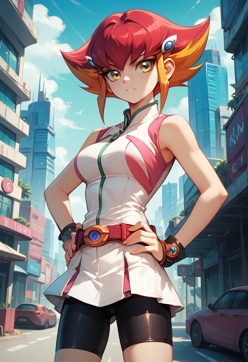 anna(yugioh),shorts,sleeveless,belt,black shorts,bike shorts,zipper,white skirt, medium breasts, yellow eyes, multicolored hair, cowboy shot, outdoors, futuristic city, standing, hands on hip