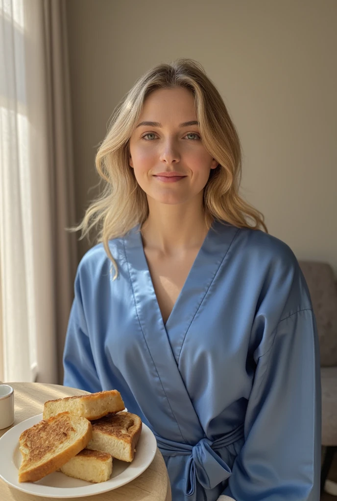 Selfie of a 30-year-old slim woman with long blond hair and gray-blue eyes, a plate with toasts is standing on the table in front of her, She is wearing blue silk robe, the photo was taken in front of the face a little from above, photo at morning light