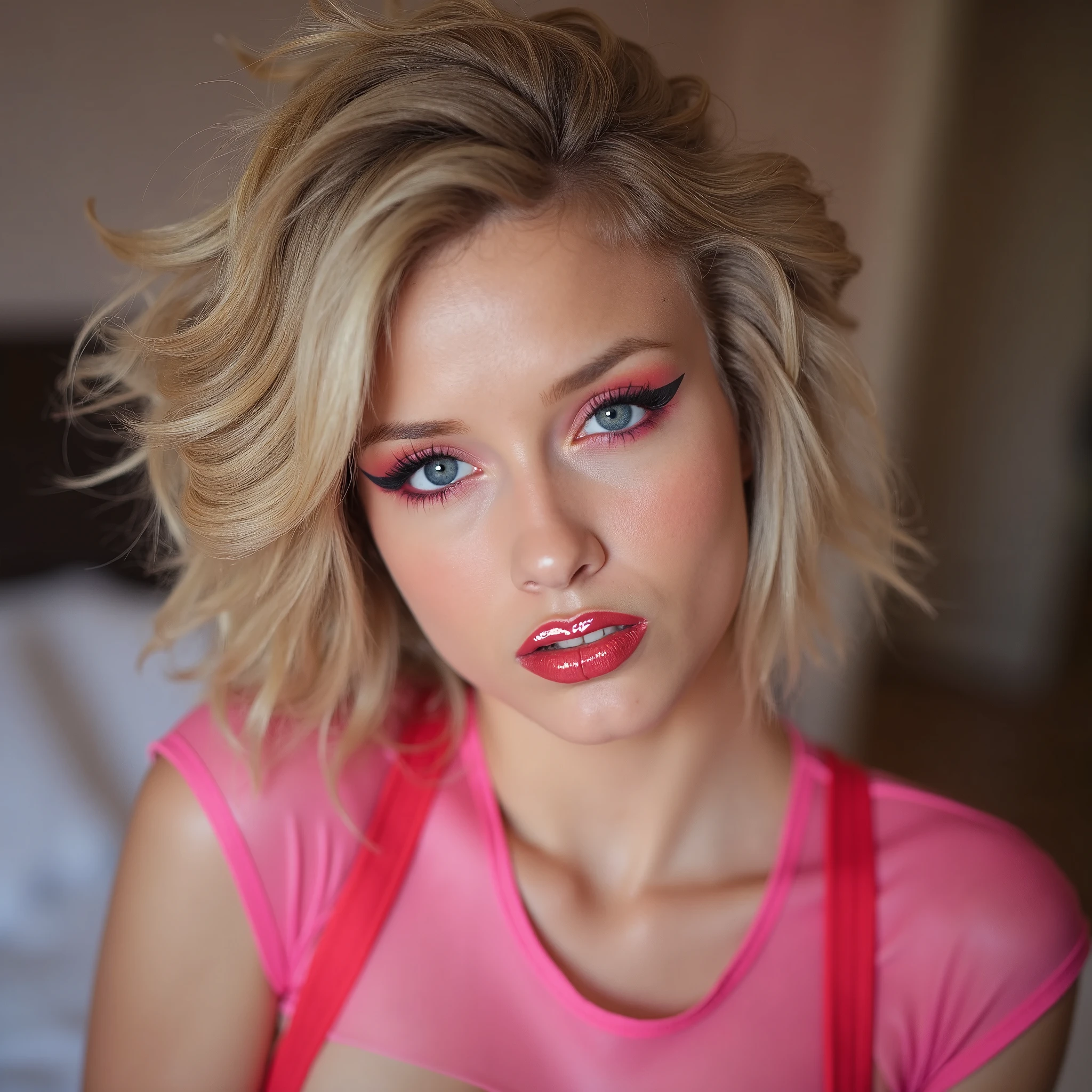 close up portrait of girl, blonde hair , red lip gloss, pink latex outfit, in bedroom, eyeliner flicks, pink eye shadow