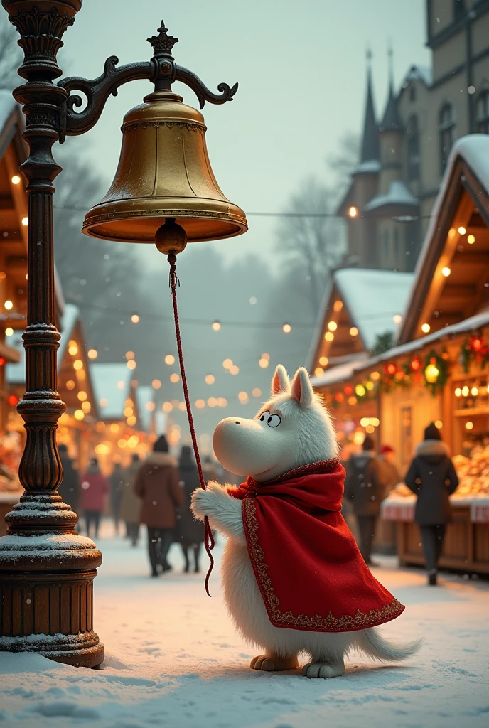 Animation, theme "red cloak and bells", a bustling town market at Christmas, Moomin Troll wearing a red cloak, a big golden bell hanging in the middle of the market square, Moomin Troll pulling the string to ring the bell, a snow-covered town market, warm lighting, image of a German Christmas market, surrealism, 8K quality, picturesque