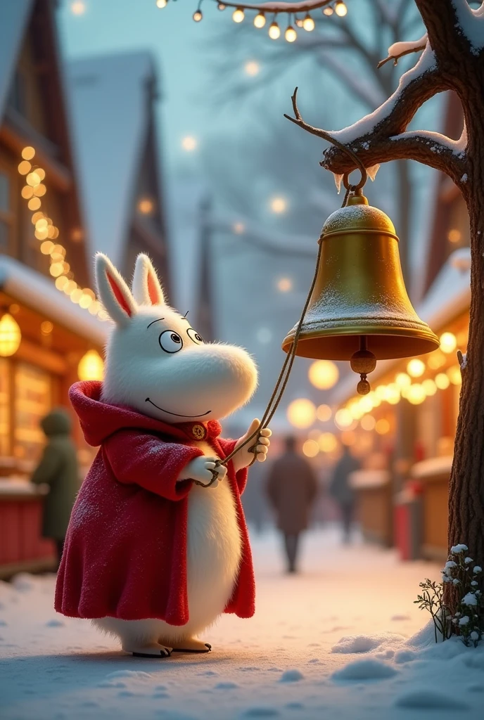 Animation, theme "red cloak and bells", a bustling town market at Christmas, Moomin Troll wearing a red cloak, a big golden bell hanging in the middle of the market square, Moomin Troll pulling the string to ring the bell, a snow-covered town market, warm lighting, image of a German Christmas market, surrealism, 8K quality, picturesque