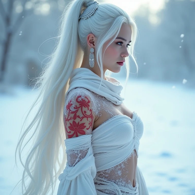 geisha. white hair. eerie glowing red eyes. background with snow. tattooed. on his knees
