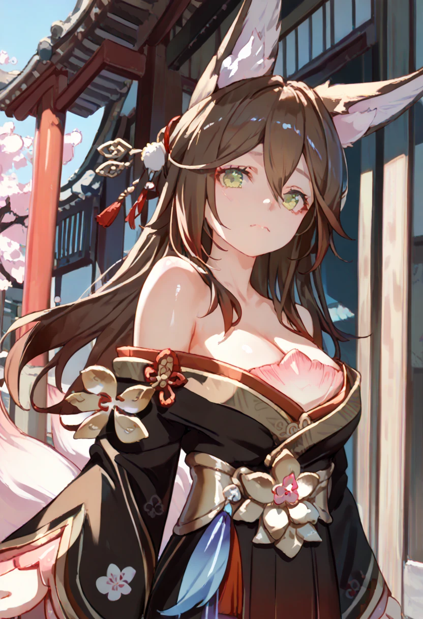 sex, score_9, score_8_up, score_7_up, source_anime,  1girl, One,  outdoors , street,  cherry blossoms,  cowboy shot,  looking at the viewer,  shiny skin , close-up, fugue _,  green eyes ,  brown hair ,  gradient hair ,  hair ornament ,  long hair, fox ears,  fox tail ,  multiple tail ,  black dress,  Japanese clothes ,  off-shoulder dress,  bare shoulders are visible,   cleavage  , wide sleeves, flower, heart, flower print,  closed mouth 