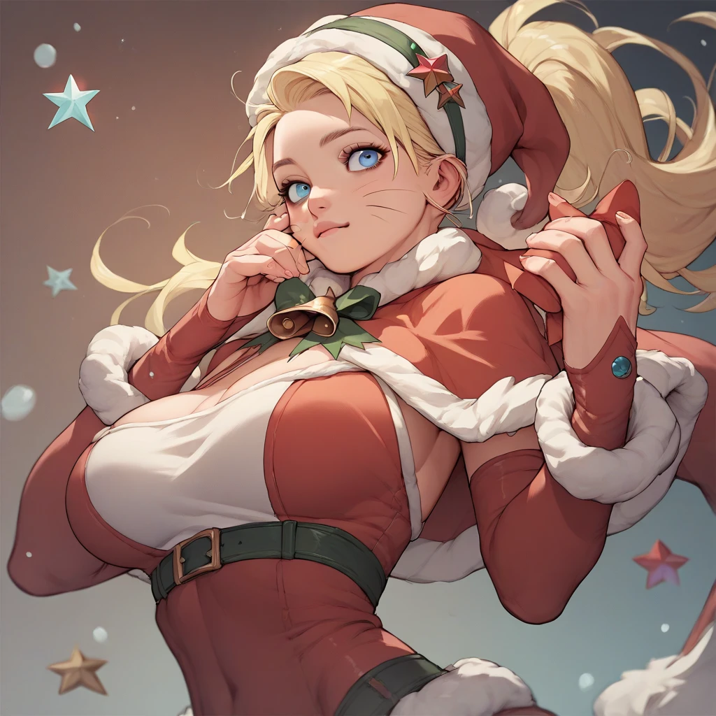 A Girl with a blonde twin ponytail, blue eyes, whiskers on her cheeks, large breasts, as she wears a santa dress