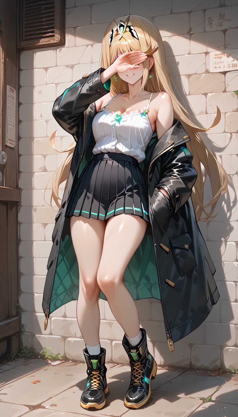 highres,best quality,1girl,japanese face,smile,Camisole with ruffled hem and mini skirt,black coat,duffel coat,short socks,thin thighs,boots,blunt bangs,long hair,
wall background,full body,
(covering eyes by own hand:1.3),skirtlift, mythra \(xenoblade\), 1girl, yellow eyes, swept bangs, long hair, very long hair, blonde hair