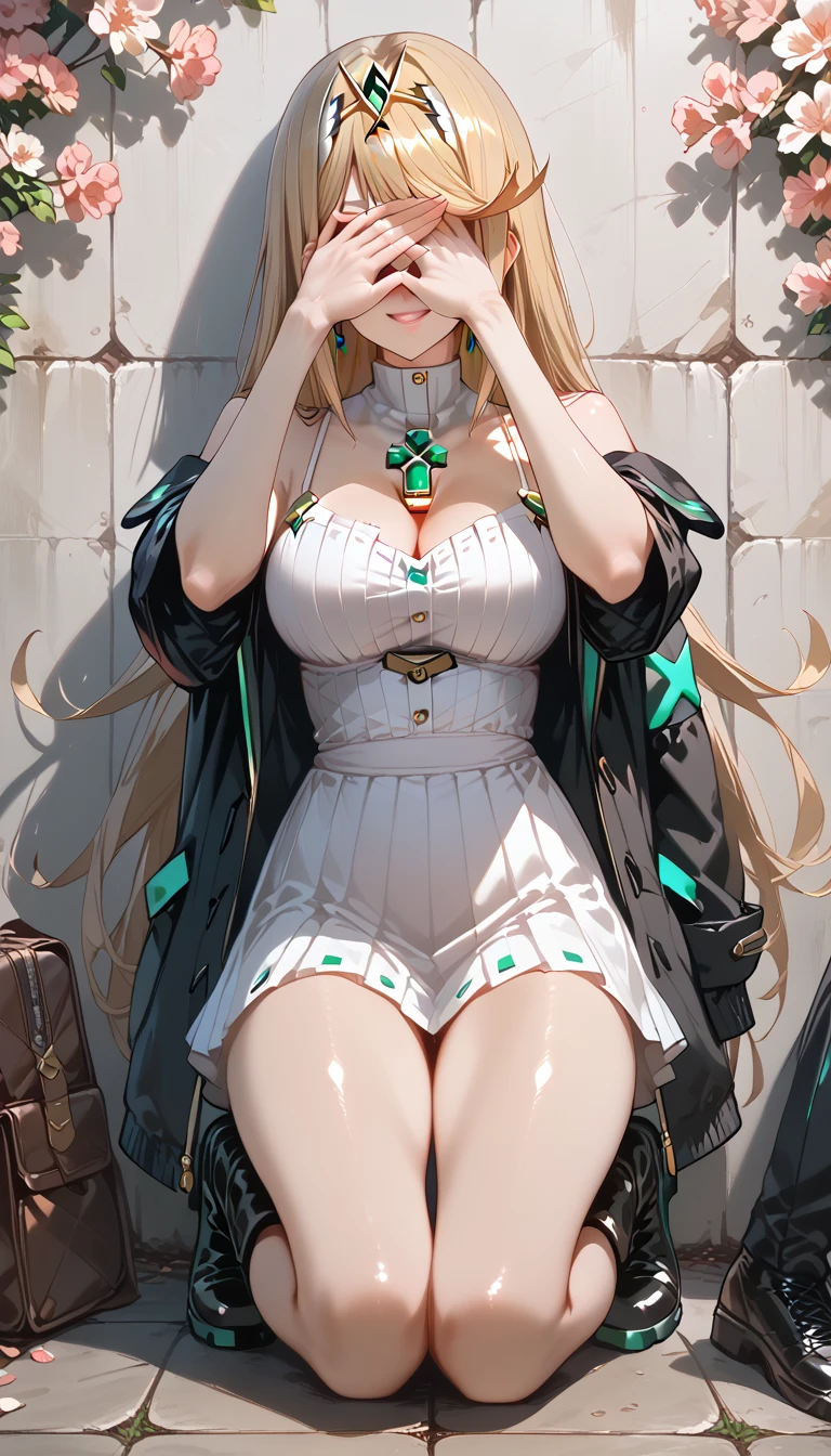 highres,best quality,1girl,japanese face,smile,Camisole with ruffled hem and mini skirt,black coat,duffel coat,short socks,thin thighs,boots,blunt bangs,long hair,
wall background,full body,
(covering eyes by own hand:1.3),skirtlift, mythra \(xenoblade\), 1girl, yellow eyes, swept bangs, long hair, very long hair, blonde hair