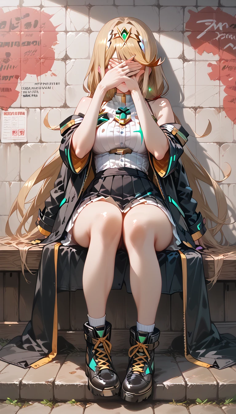 highres,best quality,1girl,japanese face,smile,Camisole with ruffled hem and mini skirt,black coat,duffel coat,short socks,thin thighs,boots,blunt bangs,long hair,
wall background,full body,
(covering eyes by own hand:1.3),skirtlift, mythra \(xenoblade\), 1girl, yellow eyes, swept bangs, long hair, very long hair, blonde hair