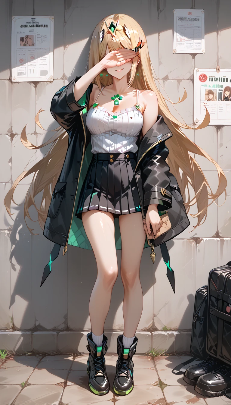 highres,best quality,1girl,japanese face,smile,Camisole with ruffled hem and mini skirt,black coat,duffel coat,short socks,thin thighs,boots,blunt bangs,long hair,
wall background,full body,
(covering eyes by own hand:1.3),skirtlift, mythra \(xenoblade\), 1girl, yellow eyes, swept bangs, long hair, very long hair, blonde hair