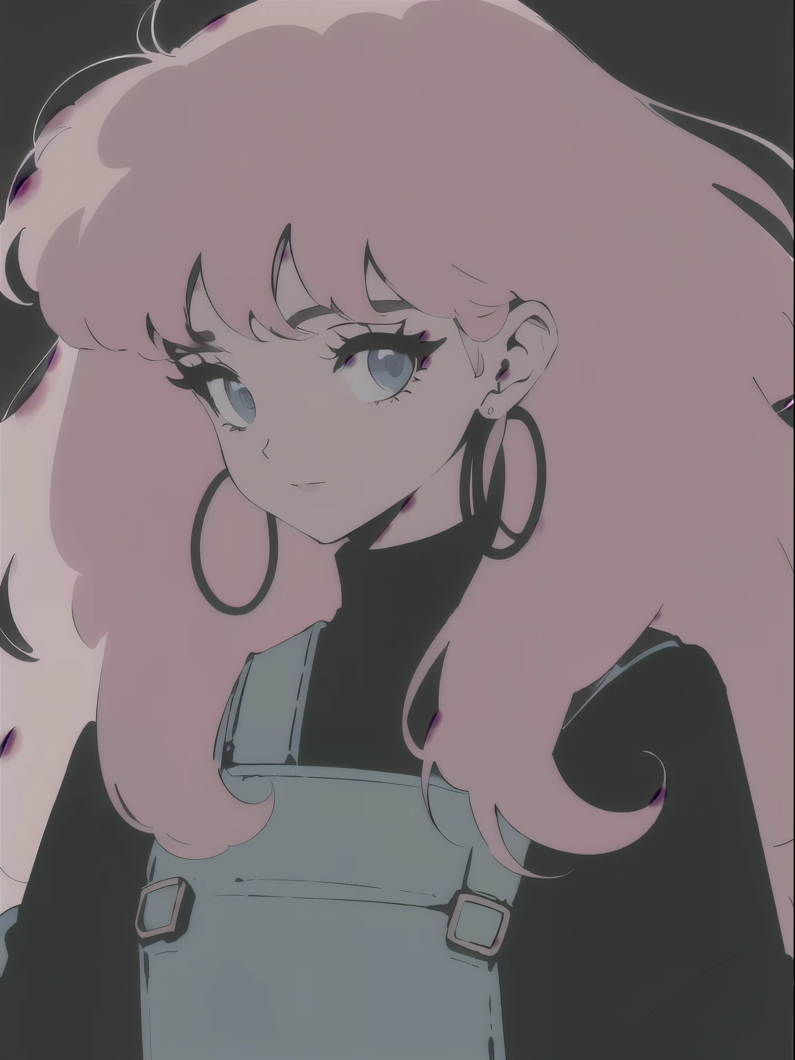 Fluffy hair, bangs, oversized jacket, bright pink overall jumpsuit, big earrings, vintage anime style, 90s aesthetic, 2000s millennium technology, vintage sci-fi, cute masterpiece, high-res, ultra-detailed, realistic lighting, vivid colors, bokeh.