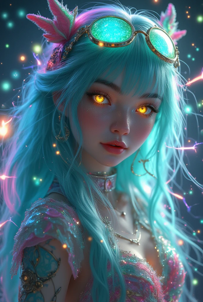 a photorealistic girl who can use lightning magic with spreading smooth super long layered sea blue-green translucent hair, and neon glowing yellow flashy eyes  , medium sized breasts, there are ultra defined rainbowlucent lightning strikes in the background with a cinematic lighting,she is wearing street dancing multicolored  clothes with an exotic glowing cap  ,  there is an energetic look on her face and a cute smile on her face, standing in a mesmerizing pose, , ecstatic neckline and jawline,(pale white skin with redness) , ( aura emenating around her),solo leveling manhwa art style,highly defined and high resolution 8k