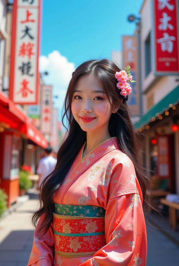 (Extremely detailed CG unity 8k wallpaper), (Masterpiece), (Best Quality), (Ultra Detailed), (Best Illustration), (Best Shadow), (Realism: 1.6), Real Human Skin, Lens Glow, Shadow, Backlight, Bloom, Depth of Field, Natural Daylighting, Hard Focus, Film Granules, Looking at the Audience, Asian, Kpop Idol:1.2, mix4,1 girl, 12 years old, single, thin, pale skin, soft lips, (light eyebrows: 1.4), Shiny brown eyes, black straight hair, small breasts, beautiful details sky, street(crowd:1.2), night, (nose blush), beautiful and delicate eyes, Chinese style suit, phoenix embroidery on skirt, happy, smile, Chinese style scenery background
