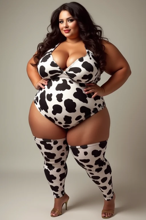 Full body shot of a beautiful long-haired brunette with a fat thick curvy tall body with huge breasts and long legs. Wearing a skimpy nurse outfit for Halloween. Wearing high heels. Answering the door of her home with a bowl of candy.