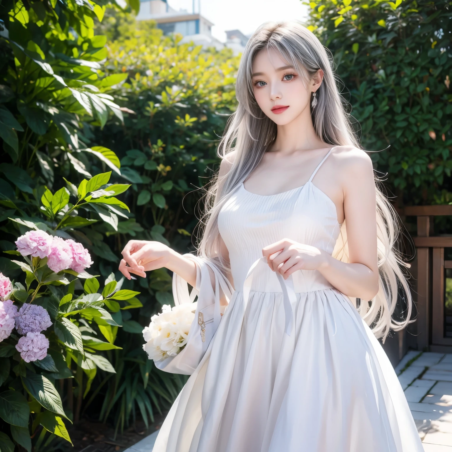 masterpiece,  Excellent Work , daytime, Outdoor, Falling Flowers,  white dress,  1 girl, Perfect Woman,  Woman with long silver white hair, Woman with gray blue eyes ,  pale pink lips, Cold, serious, Bang,  purple eyes ,  White Dress ,  Black Outfit Collection,  exquisite face 庞,  exquisite face ,  Standing and bowing , tassel, Happy Knot ,  Smile