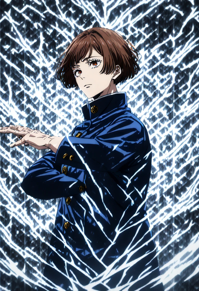 1 girl,rin nohara,short hair ,brown hair,jujutsu kaisen,gojo satoru uniform,Intricate details,Use blue and white as main colors,Calm demeanor,Cool efficiency,artwork,rendering,Composed Pose,(masterpiece:1.3),(highest quality:1.4),(ultra detailed:1.5),High resolution,extremely detailed,unity 8k wallpaper,Ethereal energy,Subtle brush strokes,Glacial aura,Professional demeanor,Serene expression،created by mappa commpsny