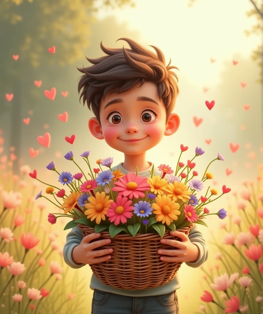"A boy wanders through a vibrant flower garden, kneeling down to find a wooden heart hidden among the blossoms, with a note about sharing love."Disney style cinema 