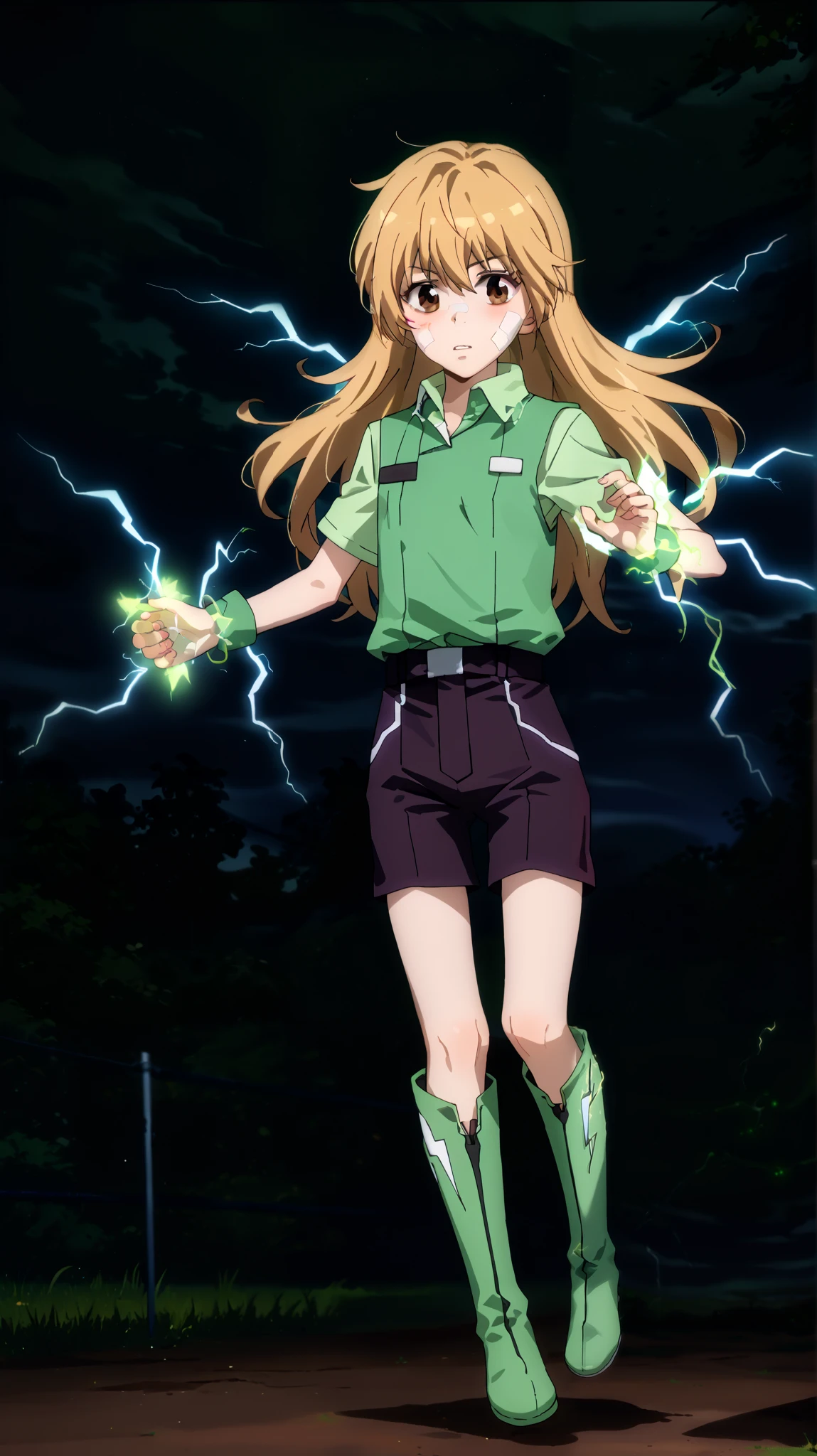  1 girl fights, solo. Красивая brown-eyed  девушка блондинка, (( brown eyes , brown-eyed )) (( very long yellow hair to the waist , bangs)),  Full-length girl ,  purple oversized t-shirt , green vest , high ,  thin waist, black shorts,  slender legs , skinny legs, high black thigh boots ,  long hair to the waist, in the anime style katekyo hitman reborn . (( She held out her hand with five fingers spread out, a flash of bright green electricity in her hand ,  green electric lightning flies out of the girl's hand)).  full length . conjures, magic,  green magic flash , green magic lines .
Night,  stars , moon,  against green electrical discharges , thunderstorm zippers ,  electrical discharges around clothes and skin,  smiles,  blush on the cheeks , red cheeks,  Sharp focus ,   soft lighting , ( very detailed face ), ( very detailed eyes ),   brown eye ,  Depth of field , ((  looks at viewer  ))1 girl, solo,  high definition, a lot of electricity ,  electrical discharges of green lightning ,  a lot of green electric lightning