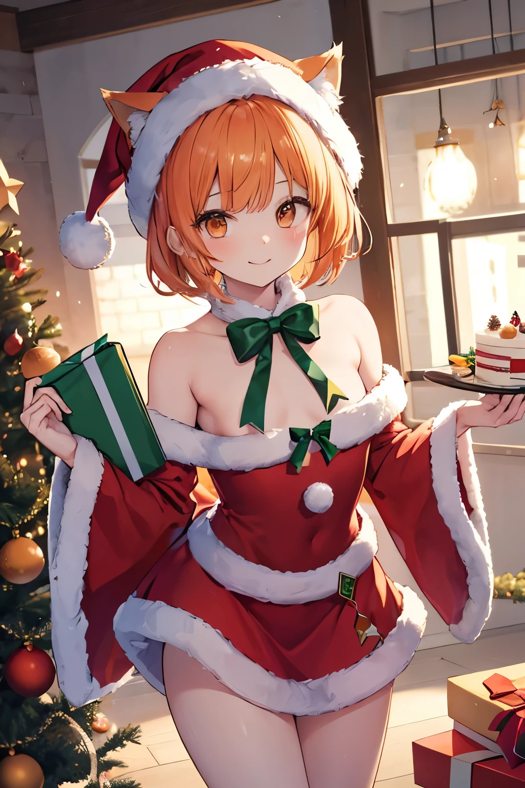 ((La mejor calidad)), ((Obra maestra)), (Detallado), Cara perfecta, Hermosa, ((4k)), SFW, Makima hombre motosierra, navidad, Christmas Costume, vestida con ropa de navidad, gorro de navidad, ((8k))