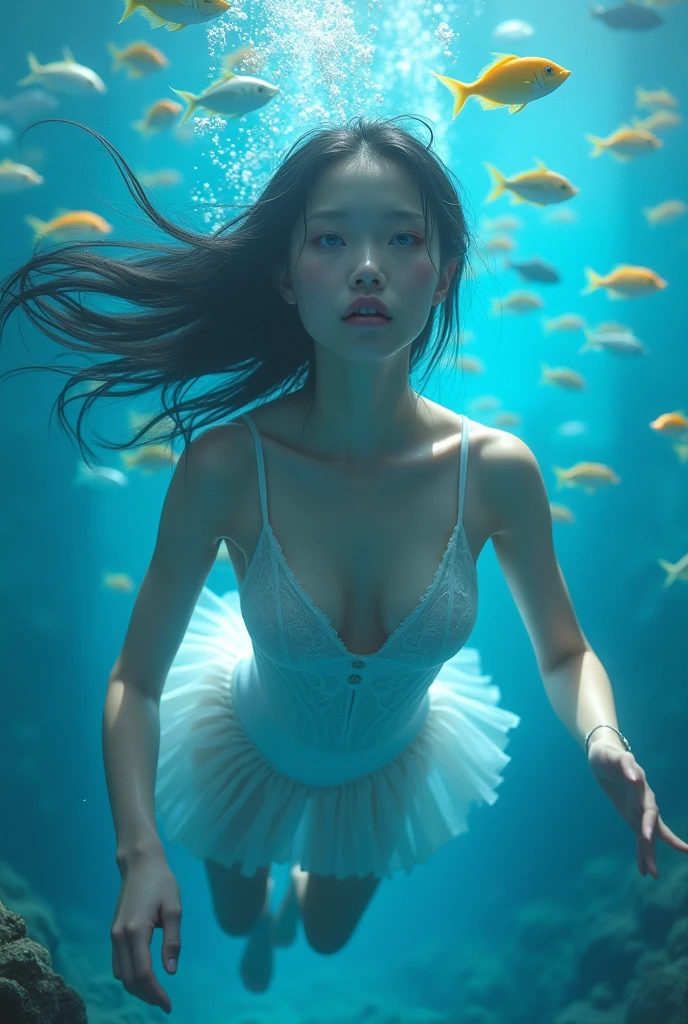 ((realistic underwater photography)) (very sharp photo result, full body desaturated photo) (((textile shading))), (((Best Quality))), (((masterpiece))), (((hyper realistic photo))) indonesian 18-years old girl, detail face, long hair, deep diving inside deep trench blue ocean (((bi))), ((striking a pose)) beautiful underwater detail environtment. magical feeling, deep blue dark tone, correct anatomy, correct fingers & toe, taken with hasselblad camera, medium format
