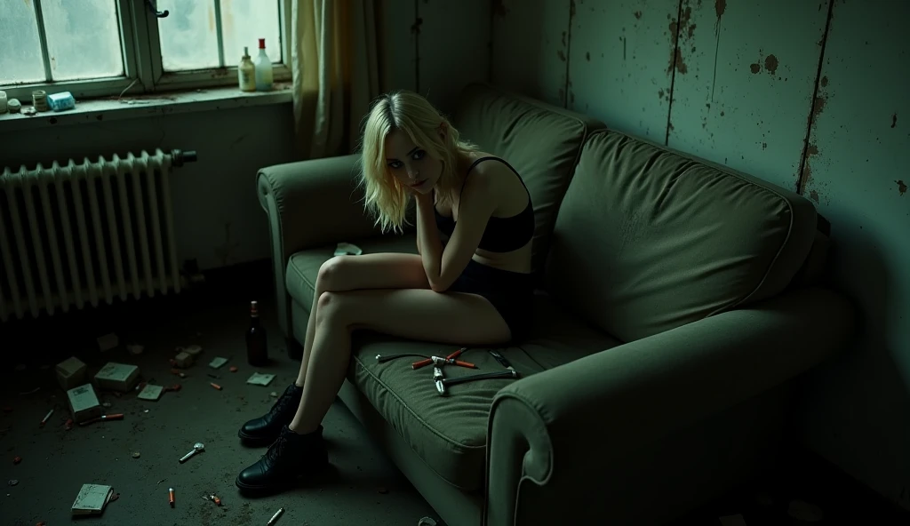 In a dimly lit, squalid apartment filled with drug paraphernalia, portrait, realistic, photography, of drug addicted tiny blonde young woman in black shorts and black shoes, looks like Emma Stone, Large interpupillary distance, white trash clothes gothic, Smokey Eyes, lies sprawled on a stained, threadbare sofa. The room is cluttered with discarded needles, burnt spoons, and empty pill bottles, while overflowing ashtrays and fast-food wrappers litter the floor. Flickering fluorescent lights cast eerie shadows, highlighting the peeling wallpaper and grime-covered windows, emphasizing the despair and neglect that pervade the scene 